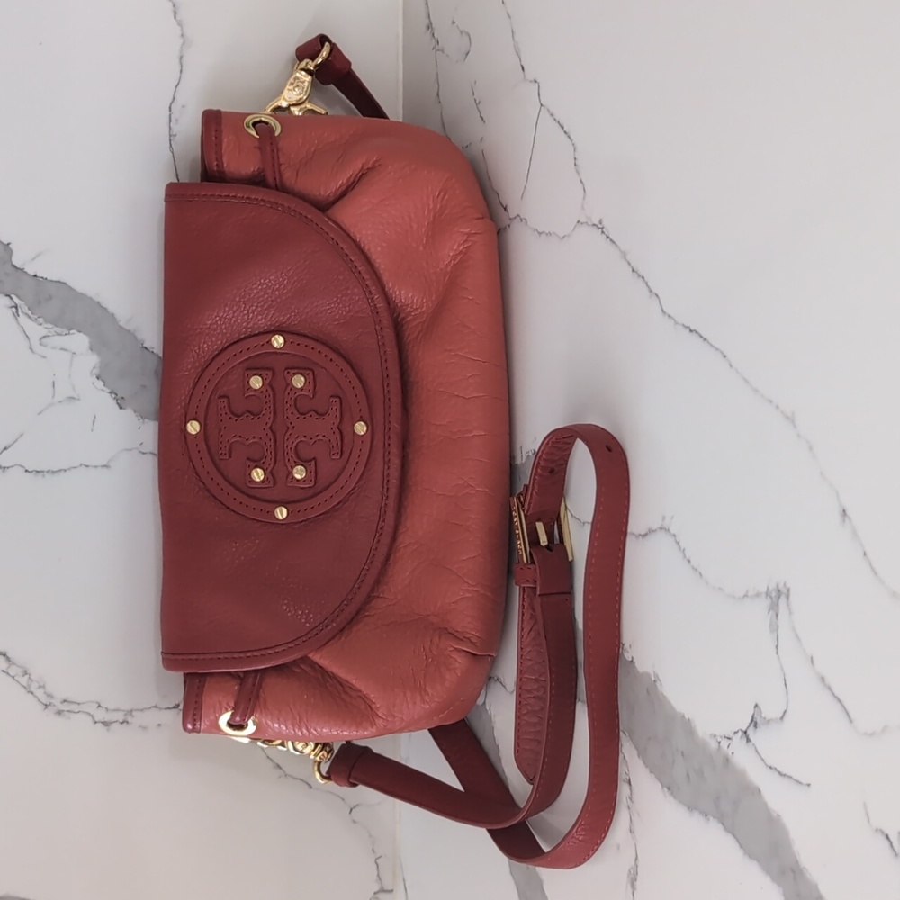 Tory Burch Leather Crossbody Bag Two Tone Red and Pink with Gold hardware EUC